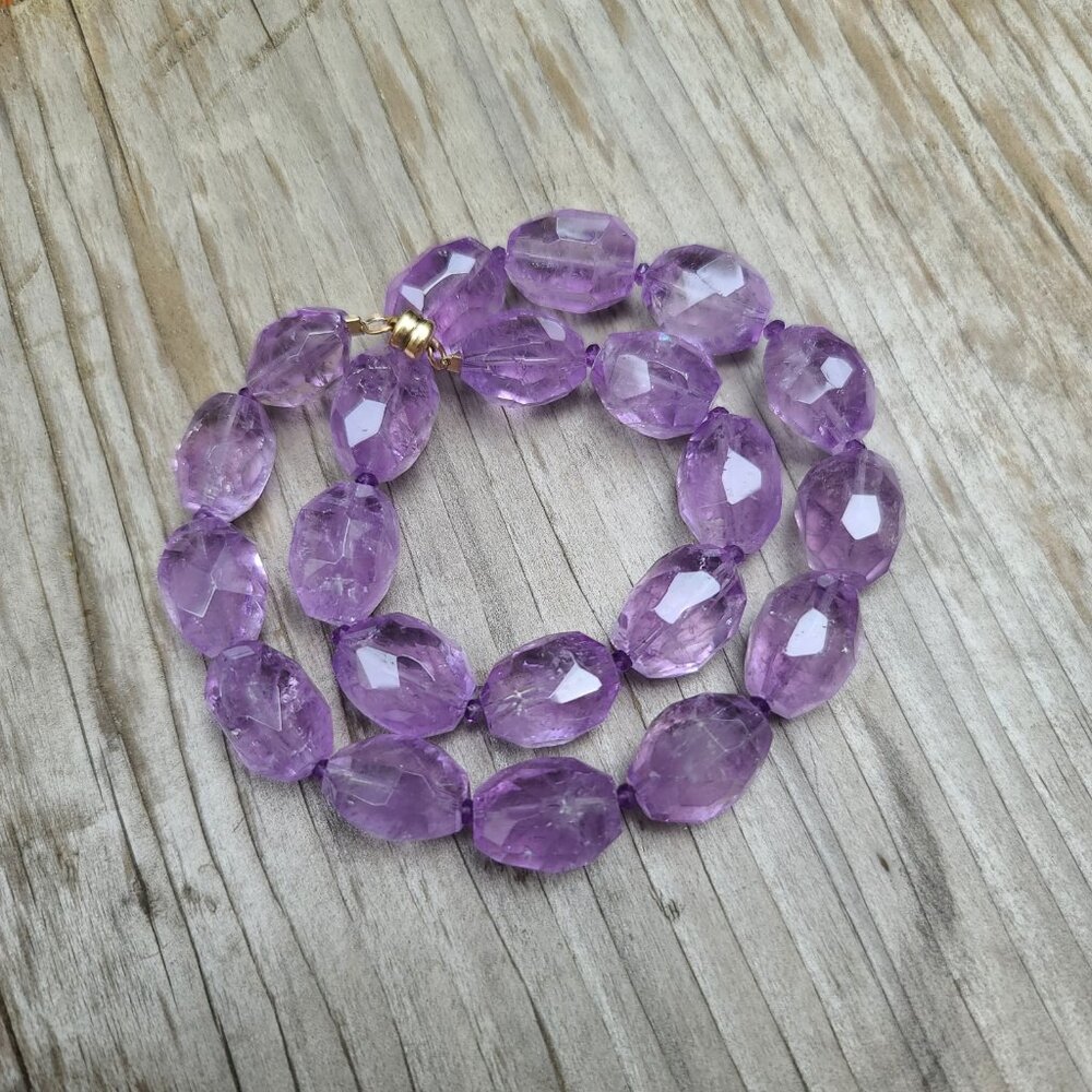 Faceted Amethyst Bead Necklace w 14k Solid Yellow Gold Magnetic Clasp 16” Long - Picture 5 of 8